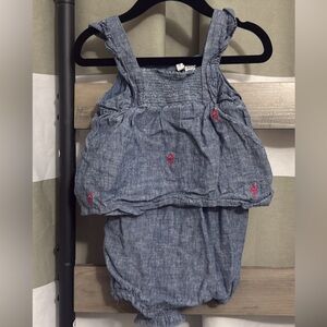 Janie and Jack 12-18m Blue Denim one piece romper with Pink flamingo Embroidery